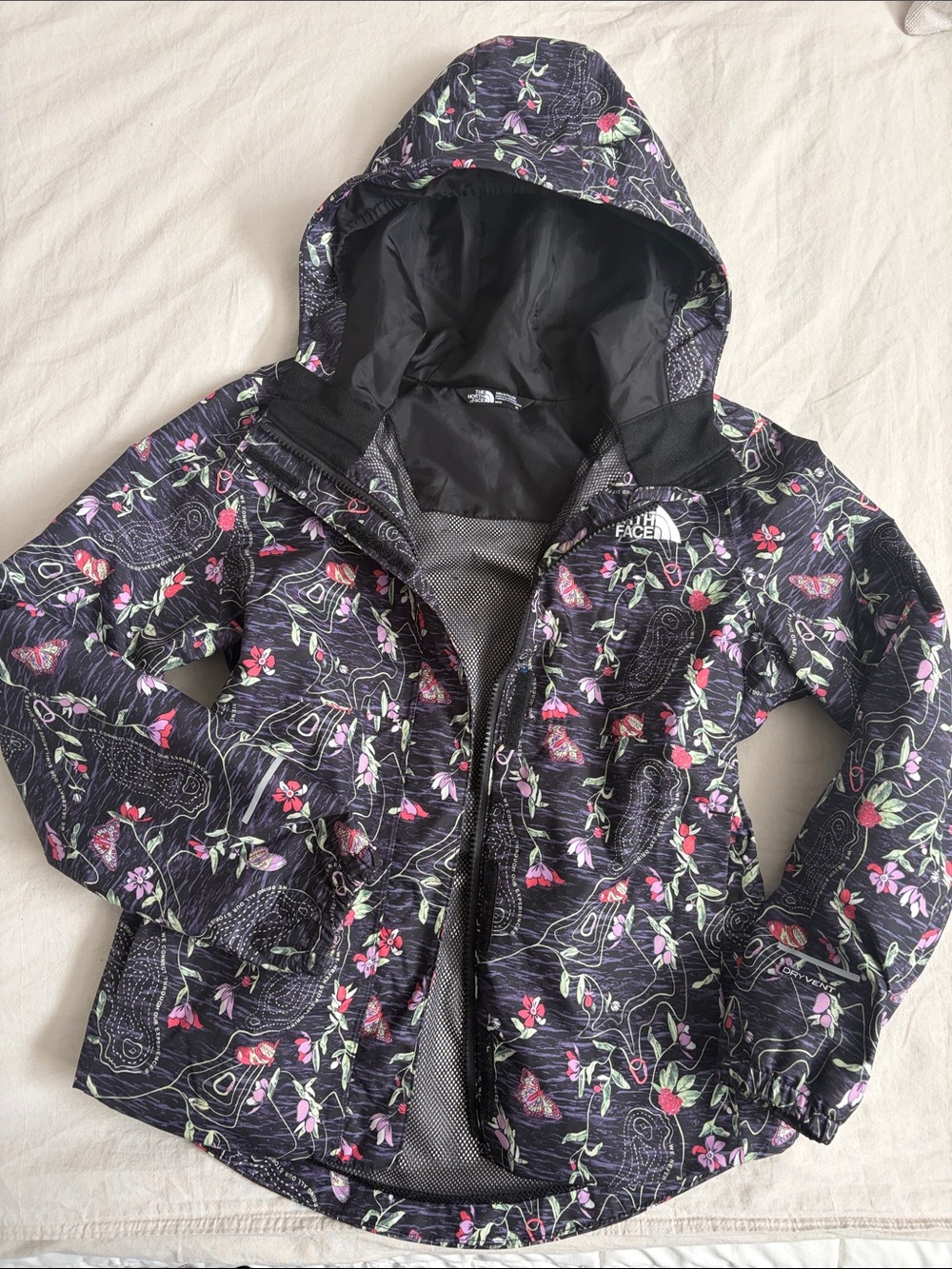 The North Face Girls' Black Floral Hooded Rain Jacket sz m/10
